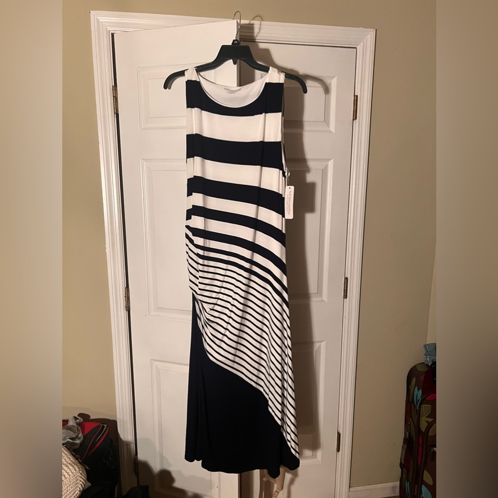 Navy blue and white striped dress.